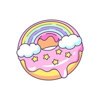 Rainbow doughnut, donut, cute magic cartoon style drawing, illustration vector