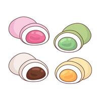 Mochi desserts with different flavors and fillings, set of cute cartoon style illustrations, drawings vector