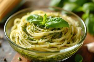 Spaghetti with pesto sauce in a bowl on a wooden table photo