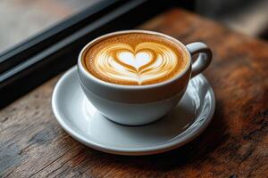 A cup of coffee with a heart-shaped latte art on top photo