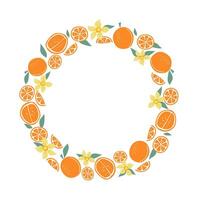 Oranges, round frame, simple abstract fruits, flowers. Slices of fruity, natural food. Orange wreath, empty summer background with space for text. Color flat illustration. Isolated white background. vector