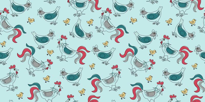 Pattern rooster, hen, chicken. Poultry, family. Animals, birds on the farm. Graphic design modern continuous line drawing