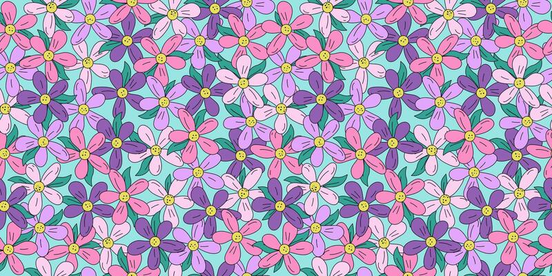 A pattern of colorful flowers. Line drawing, doodle. Simple meadow flower, seamless background.
