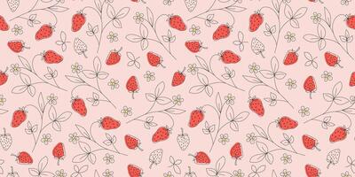 Abstract strawberry pattern. Pplant, nature drawings of berries, branches, leaves, flowers. Strawberry, doodle drawing, hand drawn sketch, seamless background. Concepts of diet, farmers market. vector
