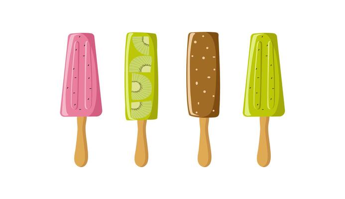 Set of fruit ice cream, chocolate, fruity, berry, kiwi. Frozen juice, fruity ice. Green ice cream, vegetarian food. Color illustration, cool summer dessert. Background isolated.
