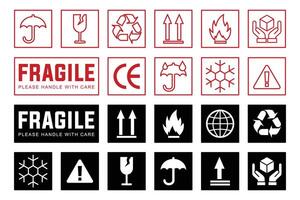Fragile Sticker Label Set. Handle With Care Shipping Warning Signs for Packages and Logistics vector
