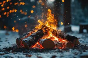 A bonfire in the snow with bright lights photo