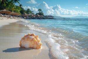 A shell on the beach with a blue sky and sun photo