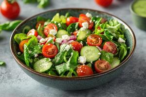 A bowl of salad with tomatoes, cucumbers and feta cheese photo