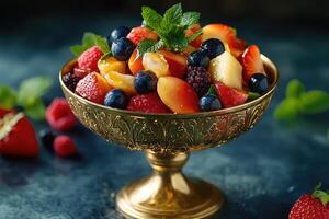 Fruit salad in a gold bowl photo