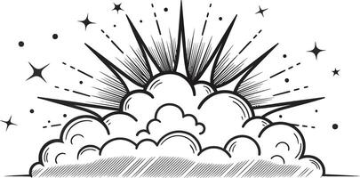 Celestial Sunburst Emerging from Clouds A Stunning Line Art Graphic Design vector