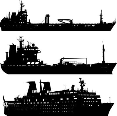 Set silhouette on a white background of transport ship