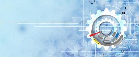 a blue background with a red arrow pointing to a gear wheel vector