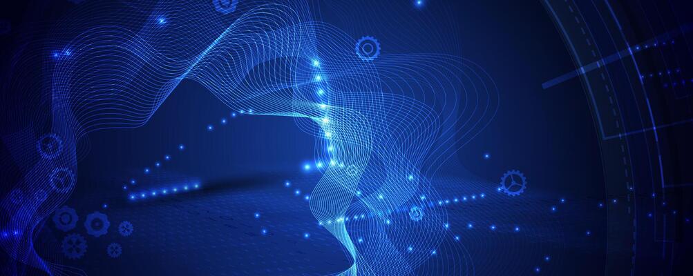 abstract blue wave technology background with lines and dots