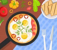 Healthy Breakfast, Top View of Delicious Scrambled Eggs in Frying Pan with Vegetables and Toast Illustration vector