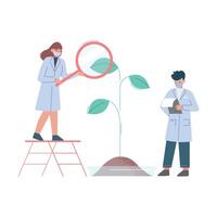 Scientists in Lab, Team of Bioengineers in White Coat and Medical Face Mask Doing Professional Science Researchers with Plant and Magnifying Gass Flat Style Illustration vector