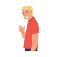 Smiling Young Man Waving His Hand, Modern Communication Concept, Man Chatting Online via the Internet Using Call or Talking Face to Face Illustration vector