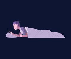 Guy Lying in the Bed with Smartphone, Person Using Digital Gadget at Night Illustration vector