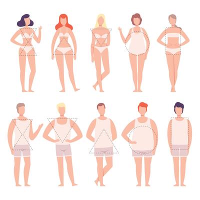 People in White Underwear Set, Five Types of Male and Female Body Shapes, Hourglass, Inverted Triangle, Round, Rectangle, Triangle Flat Style Illustration