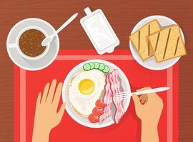Person Having Traditional Breakfast with Scrambled Eggs, Bacon, Toast and Cup of Hot Drink, View from Above Illustration vector