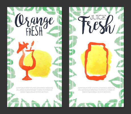 Orange Fresh Juice Banner Template Set, Sweet Tropical Fruits Natural Drink Labels, Watercolor Vertical Hand Drawn Illustration