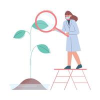 Scientist in Lab, Bioengineer in White Coat and Medical Face Mask Doing Professional Science Researchers with Plant and Magnifying Gass Flat Style Illustration vector