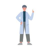 Scientist or Doctor Character, Man in White Coat Giving Advice with Raised Index Finger Flat Style Illustration vector