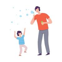 Father and Son Blowing Soap Bubbles, Parent and Kid Spending Time Together Flat Style Illustration vector