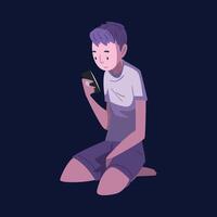 Boy in Pajamas Sitting with Smartphone at Night, Guy Using Gadget for Playing Online Game or Chatting on Social Networks Illustration vector
