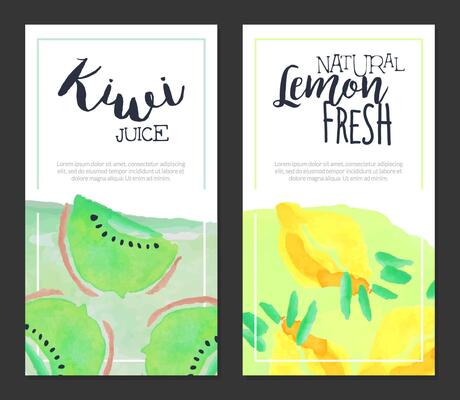 Kiwi Juice, Natural Lemon Fresh Banner Template Set, Sweet Tropical Fruits Drink Labels, Watercolor Vertical Hand Drawn Illustration