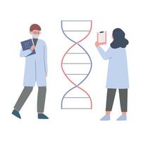 Scientists in Lab, Tiny People in White Coat Doing Professional Researchers with Dna Structure, Medicine Genetic Technology Flat Style Illustration vector