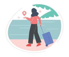 Girl with Suitcase in her Hands Going to Rest on the Sea Flat Style Illustration vector