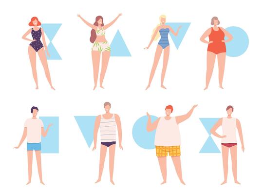 Five Types of Male and Female Body Shapes Set, Hourglass, Inverted Triangle, Round, Rectangle, Triangle, People in Underwear Flat Style Illustration