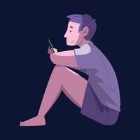 Guy in Pajamas Sitting with Smartphone at Night, Person Using Gadget for Playing Online Game or Chatting on Social Networks Illustration vector