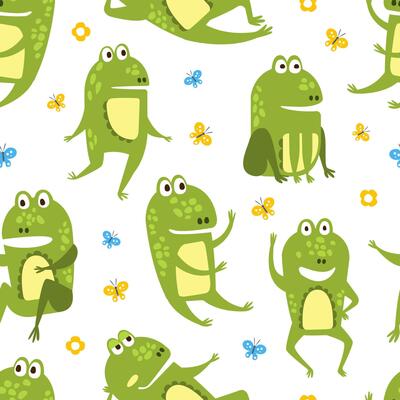 Green Funny Frog Seamless Pattern, Cute Amphibian Creature Character, Textile, Wallpaper, Packaging, Background Design Illustration