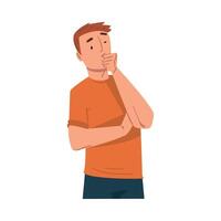 Young Man Standing in Thoughtful pose with Hand on His Chin, Modern Communication Concept, Man Chatting Online via the Internet Using Call or Talking Face to Face Illustration vector