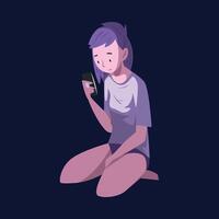 Girl in Pajamas Sitting with Smartphone at Night, Person Using Digital Gadget for Playing Online Game or Chatting on Social Networks Illustration vector