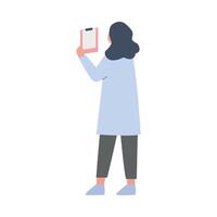 Scientist or Doctor Character Doing Professional Researchers, Back View of Woman in White Coat Standing with Clipboard Flat Style Illustration vector