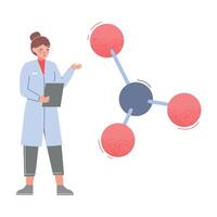 Scientist in Lab, Woman in White Coat Analyzing Molecular Structure Flat Style Illustration vector