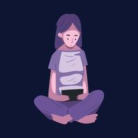 Girl Sitting with Tablet PC at Night, Person Using Digital Gadget for Playing Online Game or Chatting on Social Networks Illustration vector