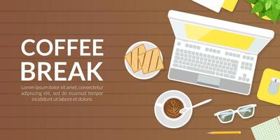 Coffee Break Banner Template, Top View of Laptop Computer, Coffee Cup and Toast on Wooden Surface Illustration vector