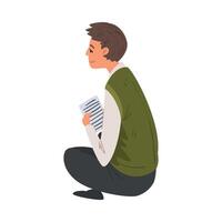 Man with Sheet of Paper Sitting on the Floor, Man Chatting via the Internet or Talking Face to Face, E-learning, Online Exam Concept Illustration vector
