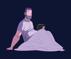 Bearded Man Sitting in the Bed with Tablet PC at Night, Person Using Digital Gadget for Playing Online Game or Chatting on Social Networks Illustration vector