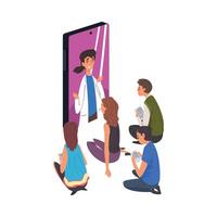 Videoconferencing and Online Meeting Workspace,Online Educationg or Consulting, Group of People Taking with Female Doctor via the Internet Illustration vector