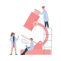 Group of Scientists in Lab, Tiny People in White Coat Doing Professional Researchers with Huge Microscope Flat Style Illustration vector