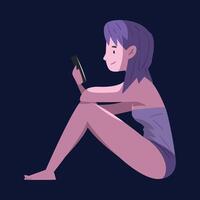 Girl in Underwear Sitting with Smartphone at Night, Person Using Digital Gadget for Playing Online Game or Chatting on Social Networks Illustration vector