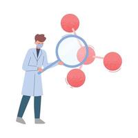 Male Scientist in White Coat Analyzing Molecular Structure with Magnifying Gass Flat Style Illustration vector