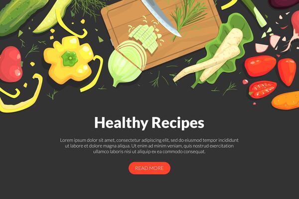 Healthy Recipes Landing Page Template with Organic Vegetarian Natural Products, Tasty Food Recipes, Cooking Course, Online Food Ordering Website, App, Web Page Illustration