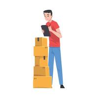 Man Checking Cardboard Boxes Preparing Goods For Dispatch, Guy Working with Parcels in Warehouse Cartoon Illustration vector