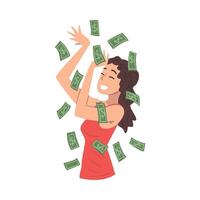 Smiling Girl with Dollar Bills Flying around Her, Happy Rich Character Enjoying Rain of Money Illustration on White Background. vector